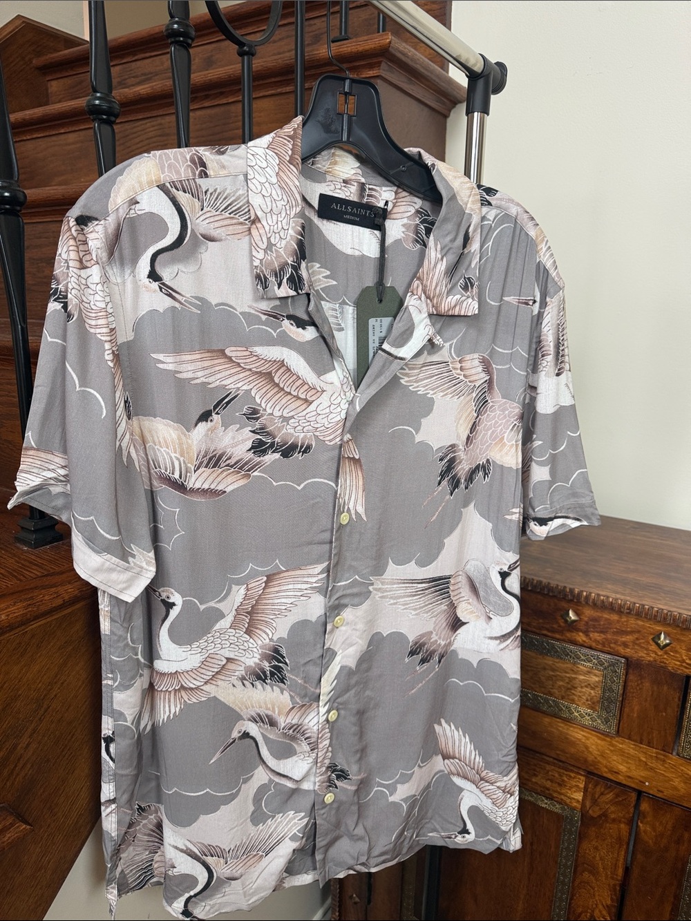 All Saints Grey Crane-Print Short Sleeve Button-Up Shirt - Picture 1 of 3